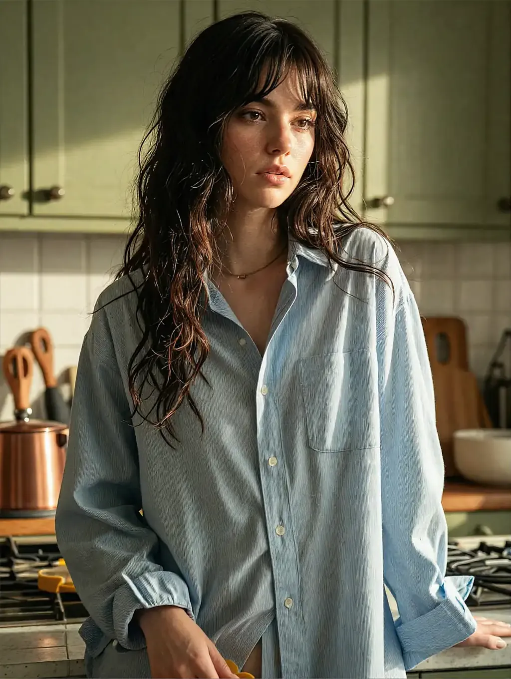Fictional AI character featured on the first landing page, outdoors at dusk