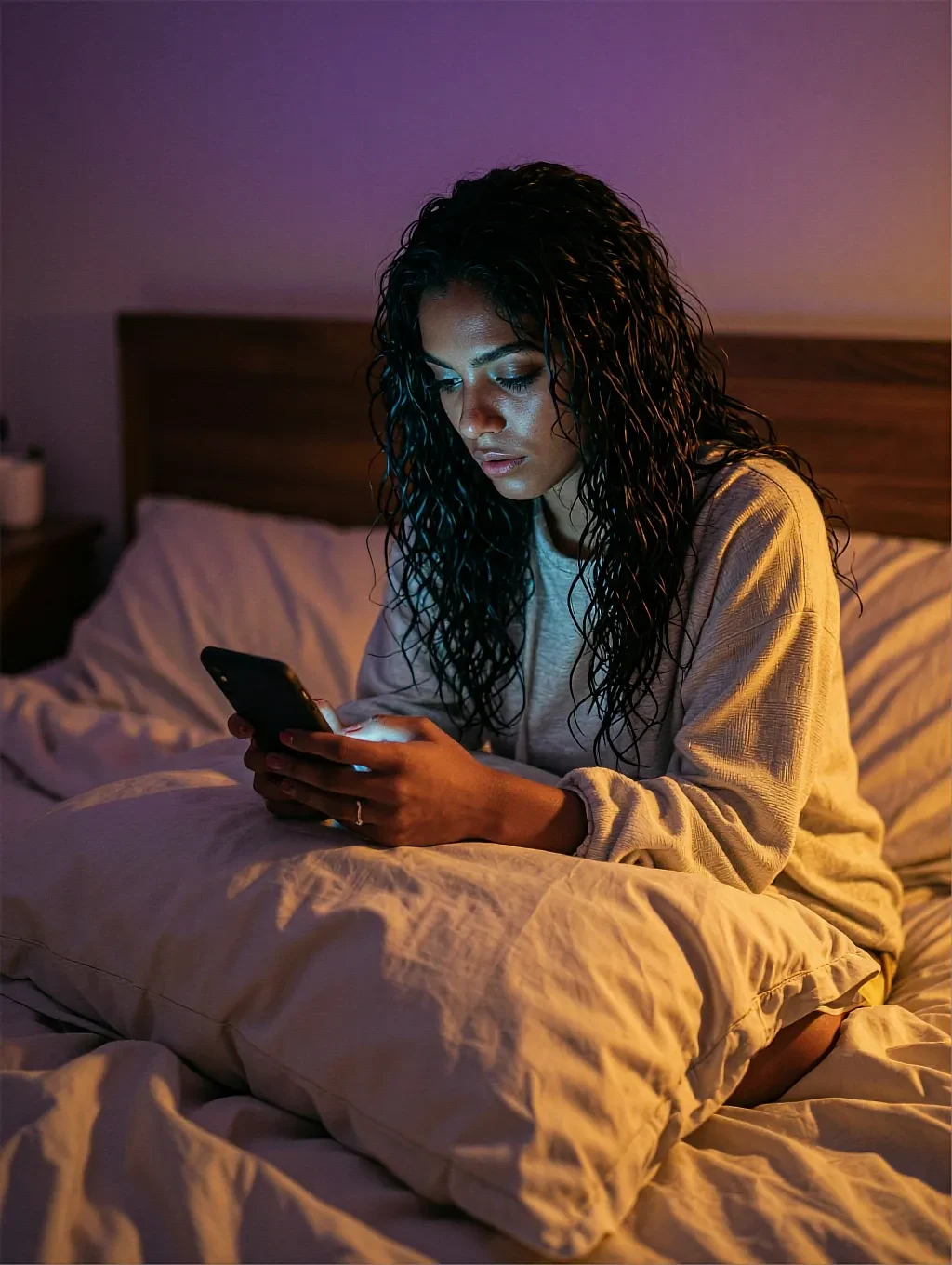 Fictional AI character featured on the fourth landing page, at night